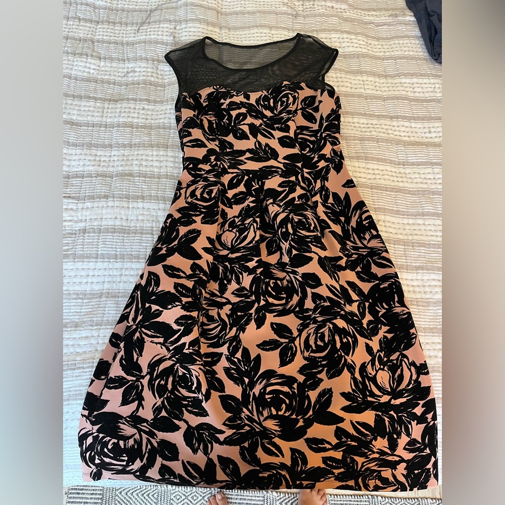 Enfocus Studio Black Floral on nude/peachy Midi Dress